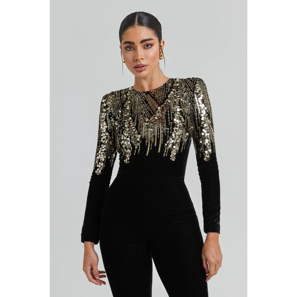 Nadine Merabi Katarina Black Gold Sequin Jumpsuit S/M NWT $545 - Picture 5 of 13